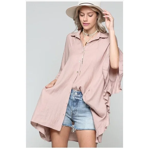 034 solid Oversized Button up Pocket Ruffle Sleeve Blouse - Picture 2 of 7